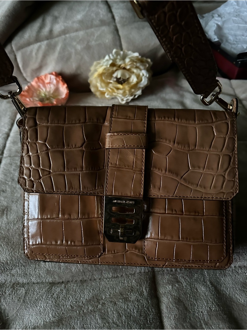 Rare Michael Kors Croc-Embossed Brown Leather Shoulder Bag